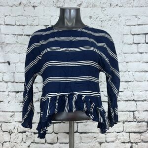 Zara Women's Blouse Blue Cream Stripe Peplum Asymmetrical Hem Size Small